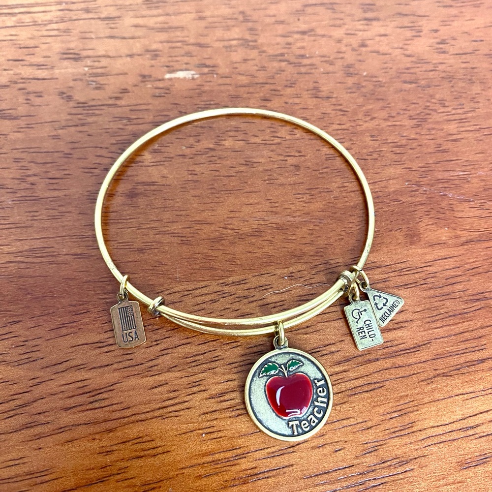 Teacher Gift Wind and Fire Gold Adjustable Bangle Bracelet School Apple Charm